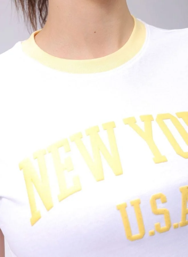مرفوعة Women Slim Fit Typography Printed Crew Neck Short Sleeve Cropped T-Shirt
