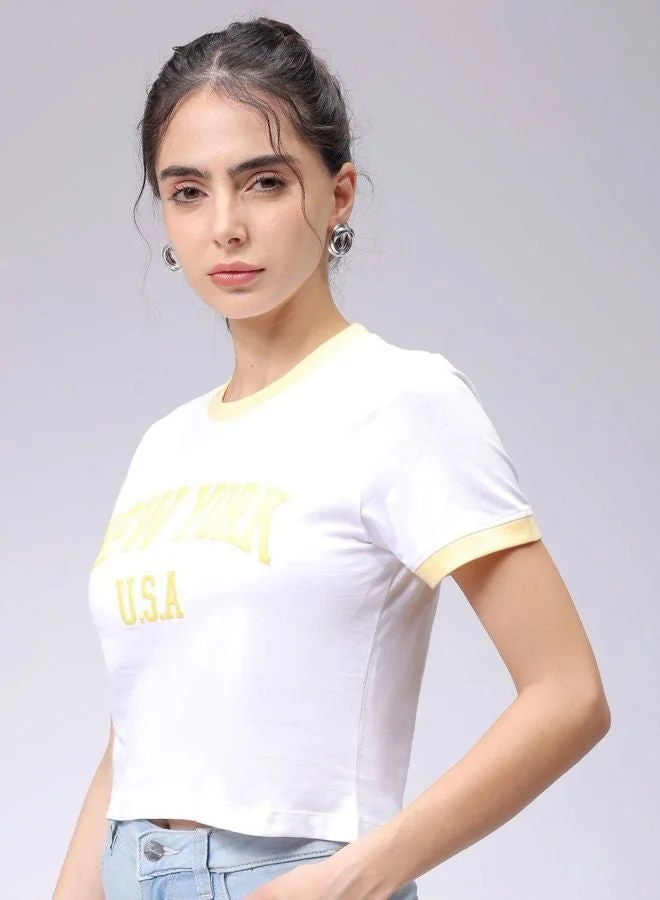 مرفوعة Women Slim Fit Typography Printed Crew Neck Short Sleeve Cropped T-Shirt