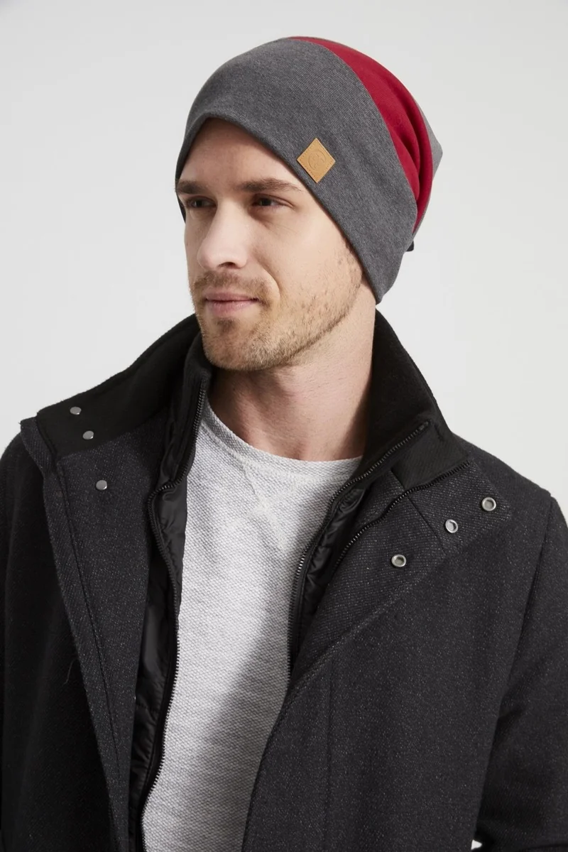 Butikgiz Men's Young New Season Red Gray Gray Piece Rope Hat Beanie Sports Comfortable Cotton Thermal