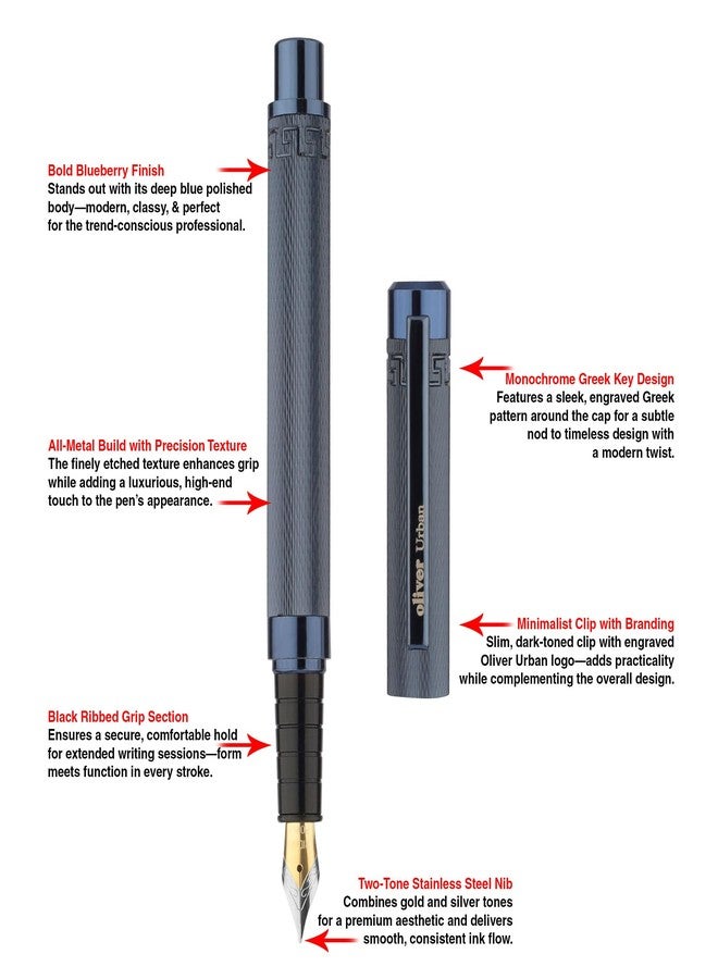 Oliver Urban Premium Fountain Pen – Blueberry Blue Metal Body, No.5 Dual-Tone Stainless Steel Nib, Textured Grip, Luxury Gift Box - Image 3