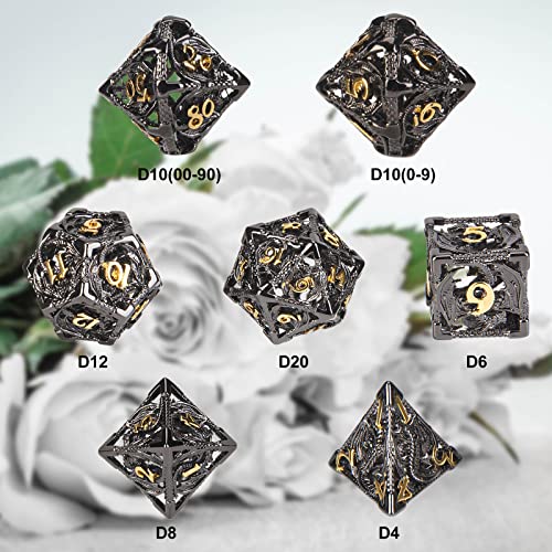 UBEUCK DND Dice,Hollow D&D Metal Dice,Dungeons and Dragons Dice Set with Gift Box,7 PCs Steampunk Polyhedral Dice Games Set for RPG,MTG,Pathfinder, (Dragon Black Golden) - Image 3
