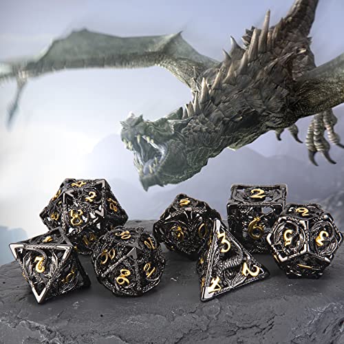 UBEUCK DND Dice,Hollow D&D Metal Dice,Dungeons and Dragons Dice Set with Gift Box,7 PCs Steampunk Polyhedral Dice Games Set for RPG,MTG,Pathfinder, (Dragon Black Golden) - Image 2