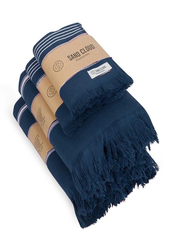 Sand Cloud Turkish Bath Towels Bundle for Bathroom, Set of 4 (Terra Navy) - Large Size - 100% Certified Organic Cotton Yarn is Lightweight, Soft & Absorbent - Premium Bath & Hand Towels Dry Faster - Image 1