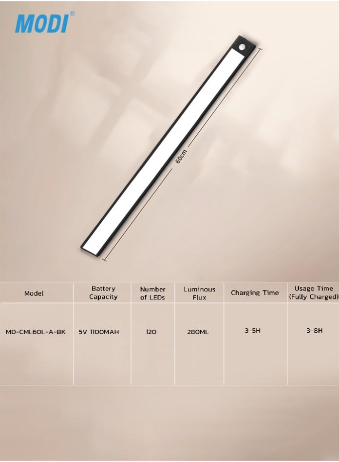 مودي مصباح خزانة مغناطيسي LED - مستشعر حركة لاسلكي أسفل الخزانة، ضوء ليلي قابل لإعادة الشحن - أبيض، دافئ، ضوء طبيعي - Image 5