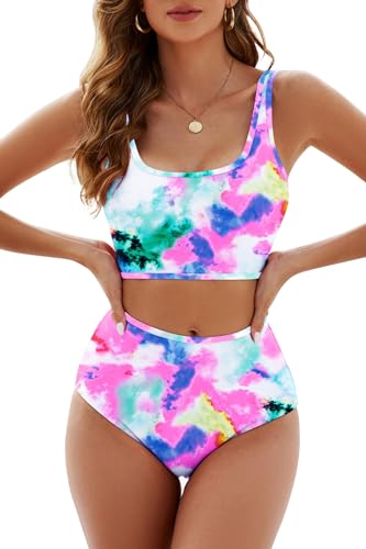 Adisputent Womens High Waisted Bikini Tie Dye Bandeau Top Rainbow Sports Style Low Scoop Crop Swimsuits Two Piece Bathing Suits, Red, M - Image 1