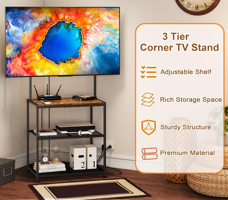 Cottage Charm حامل تلفاز صغير بزاوية من 23 بوصة إلى 50 بوصة مع رفوف تخزين لغرفة المعيشة وغرفة النوم، حامل تلفاز أرضي عالمي مع تركيب، طاولة تلفاز زاوية بني ريفي لمساحة صغيرة - Image 3