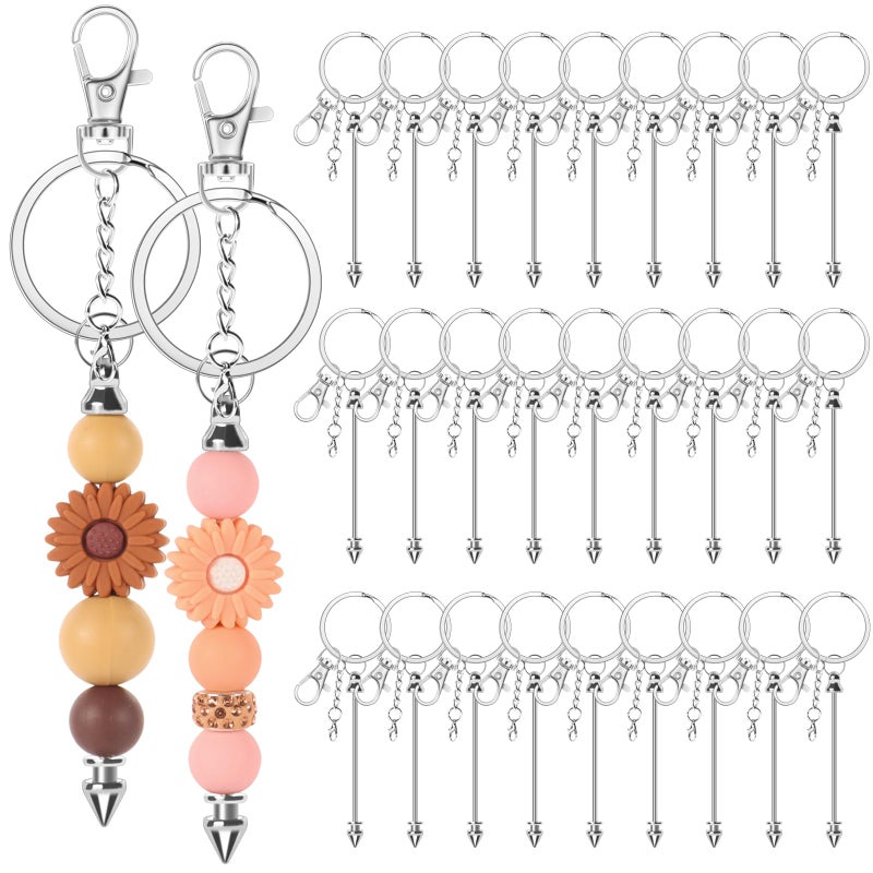 CXIIPOL 30 Pack Beadable Keychains Bars DIY Blank Beadable Keychains Metal Beaded Keychain Sliver Beads Keychain Making Kit for DIY Crafts Supplies Jewelry Making Gift - Image 1