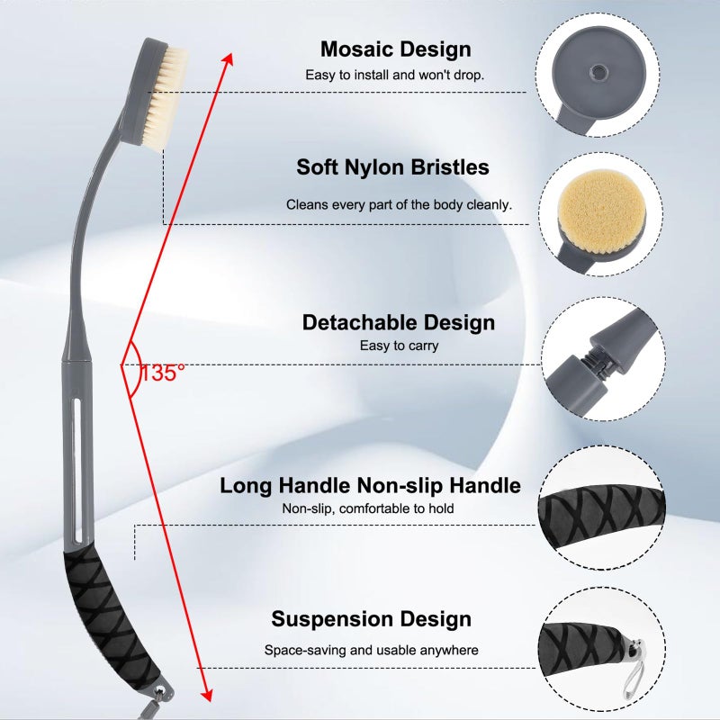 Gobiteli Back Scrubber for Shower,20.5" Long Handle Shower Brush for Body for Deep Clean,Back Brush for Shower for Men Women(Grey) - Image 2