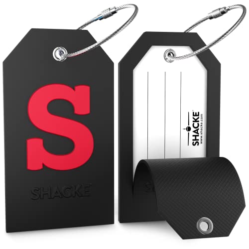 Shacke Initial Luggage Tag with Full Privacy Cover and Stainless Steel Loop - Black (Letter S) - Image 2