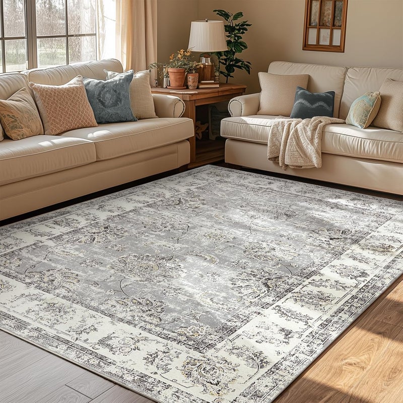 jinchan Area Rug 213x152CM Persian Indoor Accent Carpet Grey Vintage Mat Chenille Soft Floor Cover Floral Printed Boho Decor Farmhouse Non Slip for Kitchen Living Room Bedroom Dining Room - Image 1