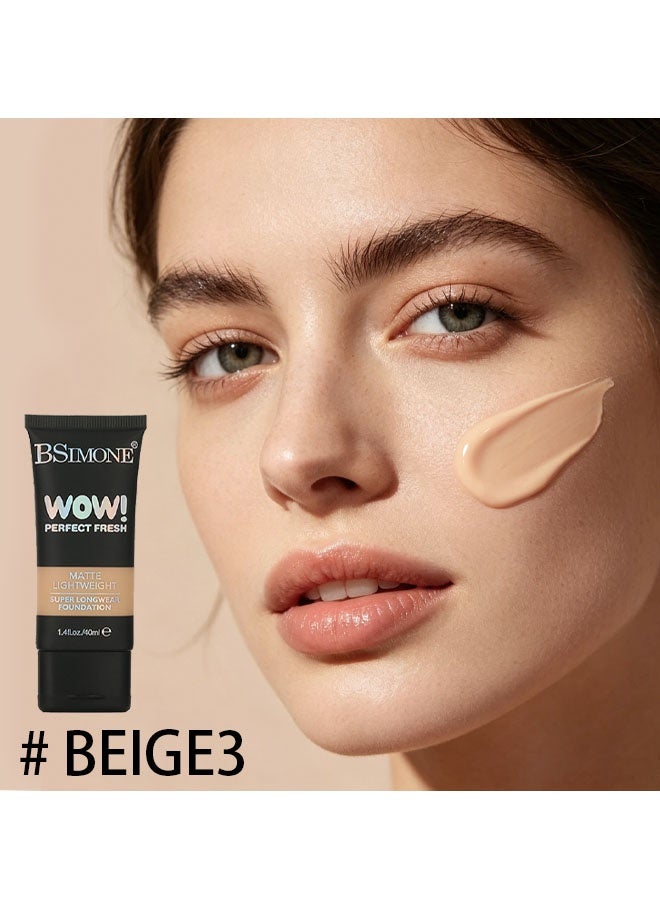 BSIMONE Matte Lighweight Super Longwear Foudation，Super Coverage Multi-Use Sculpting Concealer Matte Lightweight Foundation Super Longwear 40ml #BEIGE3 - Image 2