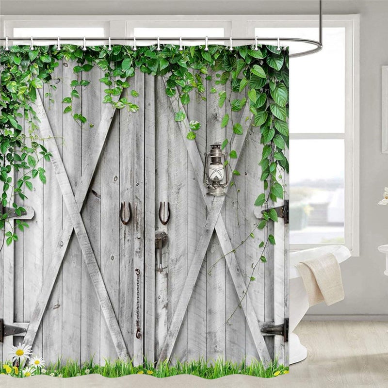 Jipusai Rustic Wooden Board Barn Door Shower Curtain Sets For Bathroom  Vintage Farmhouse Wooden Theme Plank Green Leaves Bath Curtain  Fabric Grass And Flowers Spring Decoration Curtains With Hooks 70X70In - Image 4