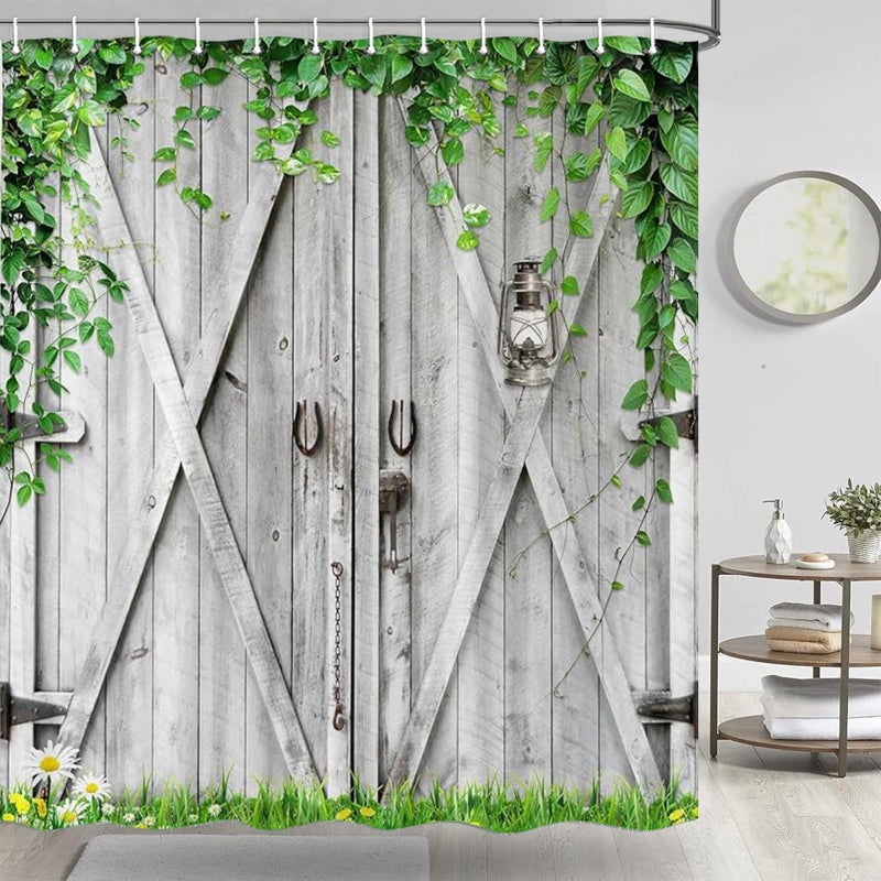 Jipusai Rustic Wooden Board Barn Door Shower Curtain Sets For Bathroom  Vintage Farmhouse Wooden Theme Plank Green Leaves Bath Curtain  Fabric Grass And Flowers Spring Decoration Curtains With Hooks 70X70In - Image 1