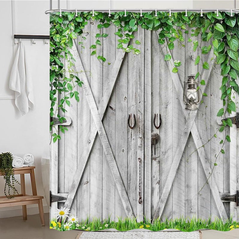 Jipusai Rustic Wooden Board Barn Door Shower Curtain Sets For Bathroom  Vintage Farmhouse Wooden Theme Plank Green Leaves Bath Curtain  Fabric Grass And Flowers Spring Decoration Curtains With Hooks 70X70In - Image 2