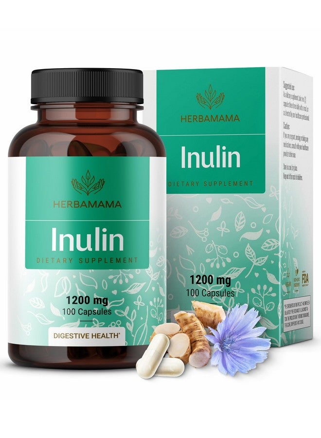 HERBAMAMA HERBAMAMA Inulin Powder Capsules 1200mg - Digestive Support & Gut Cleanse with Inulin Prebiotic Fiber - Vegan, Non-GMO Chicory Root Powder Supplement, 100 Caps, 16-Day Supply - Image 1