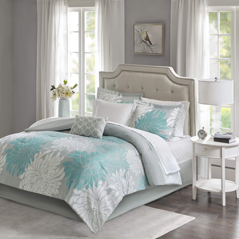Madison Park Essentials Maible Cozy Bed in A Bag Comforter with Complete Cotton Sheet SetFloral Medallion Damask Design All Season Cover Decorative Pillow Full 78 in x 86 in Floral Aqua 9 Piece