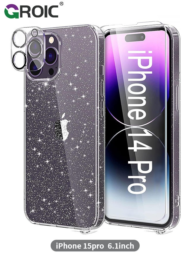GROIC Compatible with iPhone 15 Pro Case Glitter, with 3X Screen Protector + 3X Camera Lens Protector,Clear Sparkle Slim Shockproof Phone Shell,Soft TPU Bumper Cover for iPhone 15 Pro 6.1 Inch - Image 1