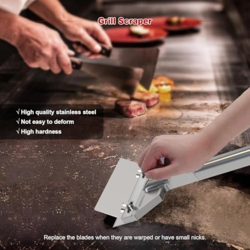 Commercial outdoor grill flat top griddle scraper with 6'' stainless steel blade and ergonomic aluminum handle, heavy-duty, silver - Image 2