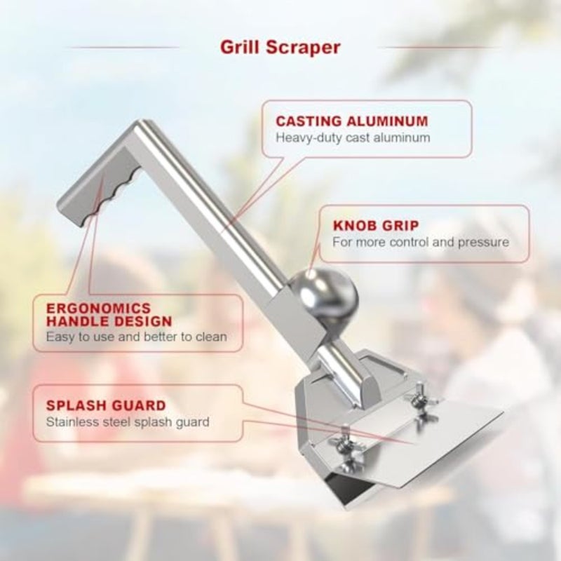 Commercial outdoor grill flat top griddle scraper with 6'' stainless steel blade and ergonomic aluminum handle, heavy-duty, silver - Image 4