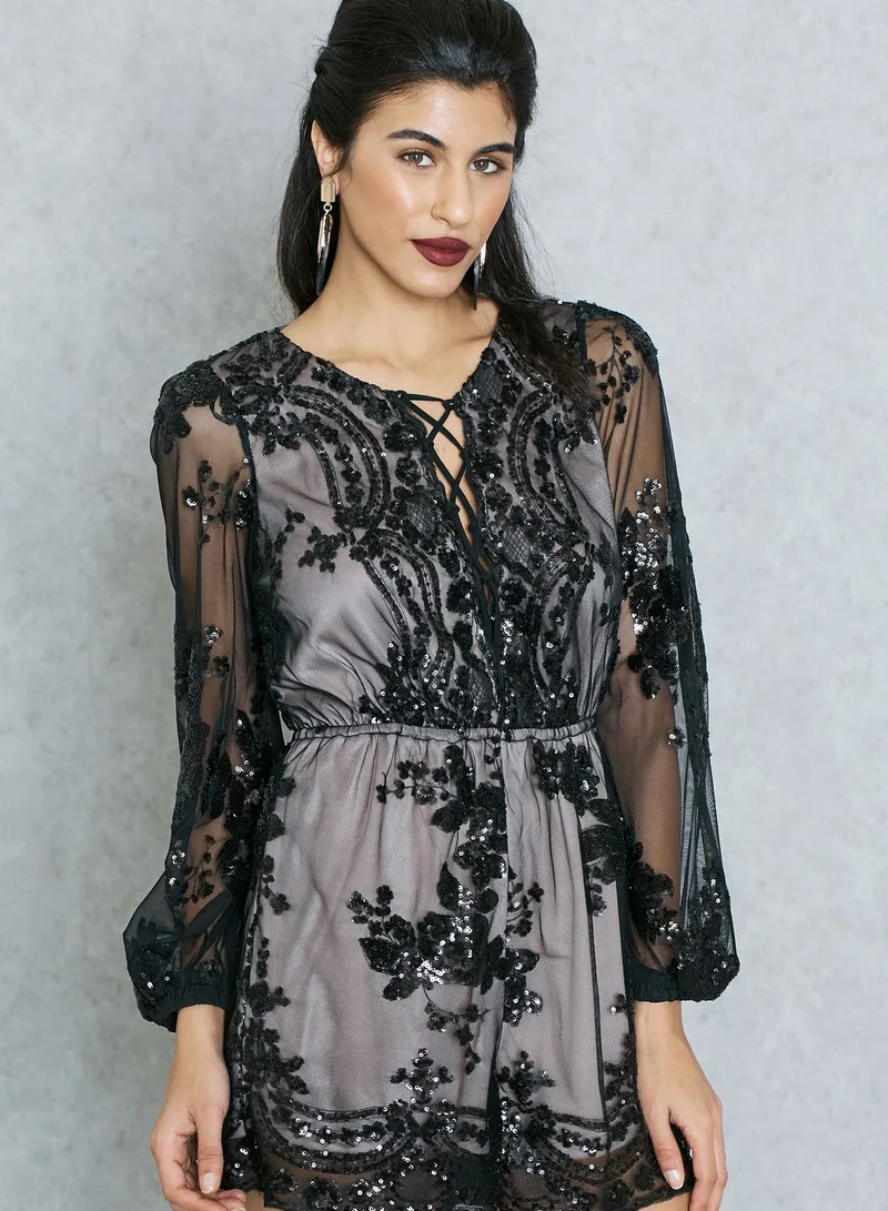 Love Triangle Lace Up Embellished Playsuit