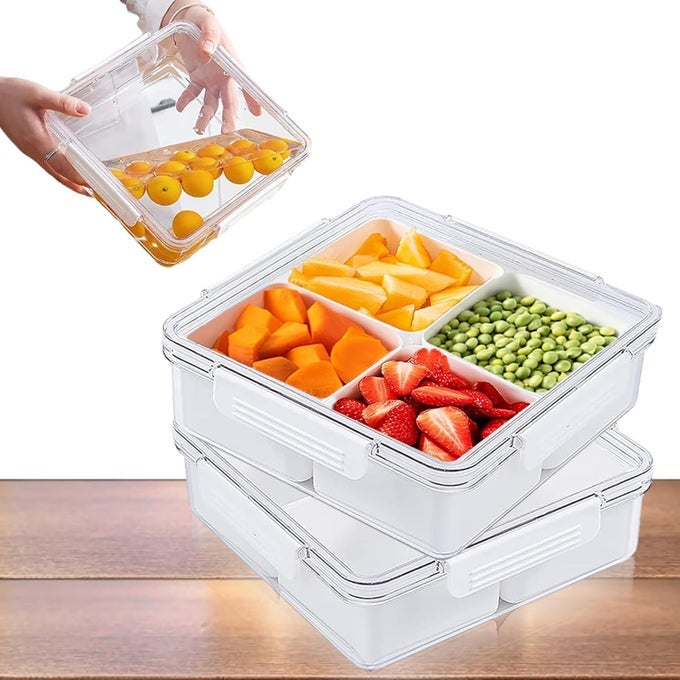 SNACKLE BOX DIVIDED VEGGIE SERVING TRAY WITH LID SALAD KEEPER WITH 4 REMOVABLE BOXES STACKABLE REFRIGERATOR ORGANIZER BINS PRODUCE SAVER FOR MEAL PREP FRUIT VEGETABLE LUNCH MEAT 1PCS