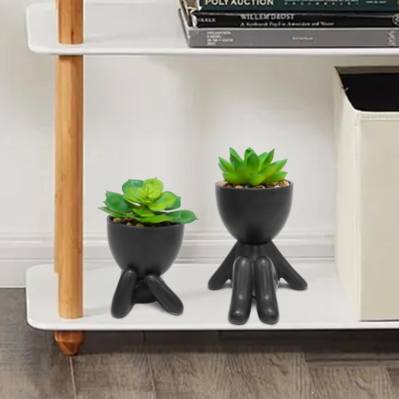 Zerzsy 2PCS Cute Artificial Succulent Plants with Creative Human Shaped Pots  Desk Decoration Mini Potted Planter Succulent Decor for Desktop Office Bedroom Table Decor (Matte Black) - Image 4
