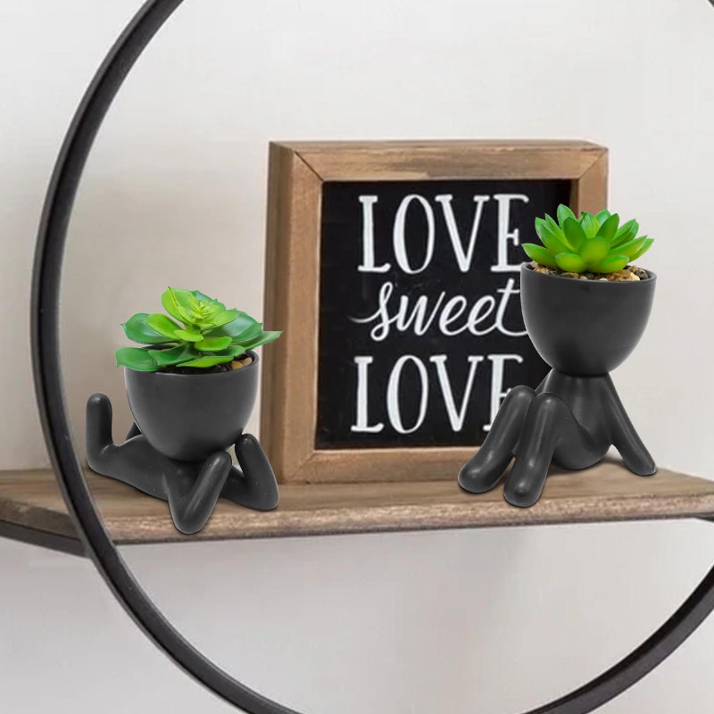 Zerzsy 2PCS Cute Artificial Succulent Plants with Creative Human Shaped Pots  Desk Decoration Mini Potted Planter Succulent Decor for Desktop Office Bedroom Table Decor (Matte Black) - Image 2