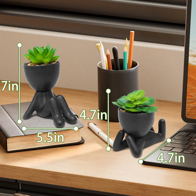 Zerzsy 2PCS Cute Artificial Succulent Plants with Creative Human Shaped Pots  Desk Decoration Mini Potted Planter Succulent Decor for Desktop Office Bedroom Table Decor (Matte Black) - Image 3