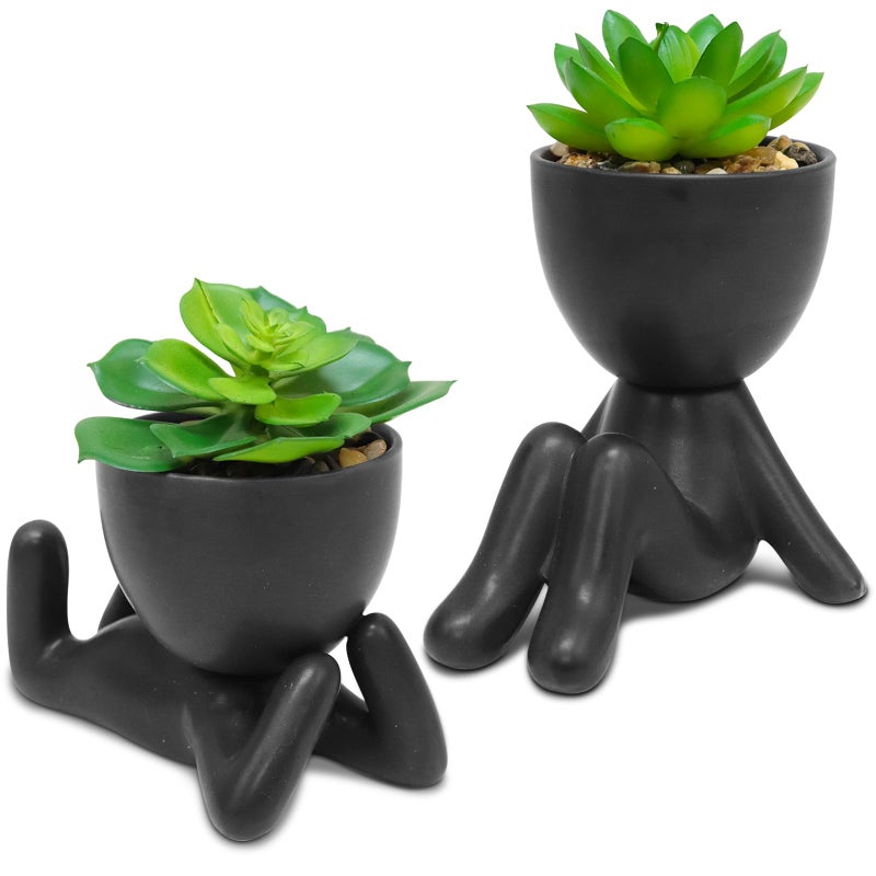 Zerzsy 2PCS Cute Artificial Succulent Plants with Creative Human Shaped Pots  Desk Decoration Mini Potted Planter Succulent Decor for Desktop Office Bedroom Table Decor (Matte Black) - Image 1