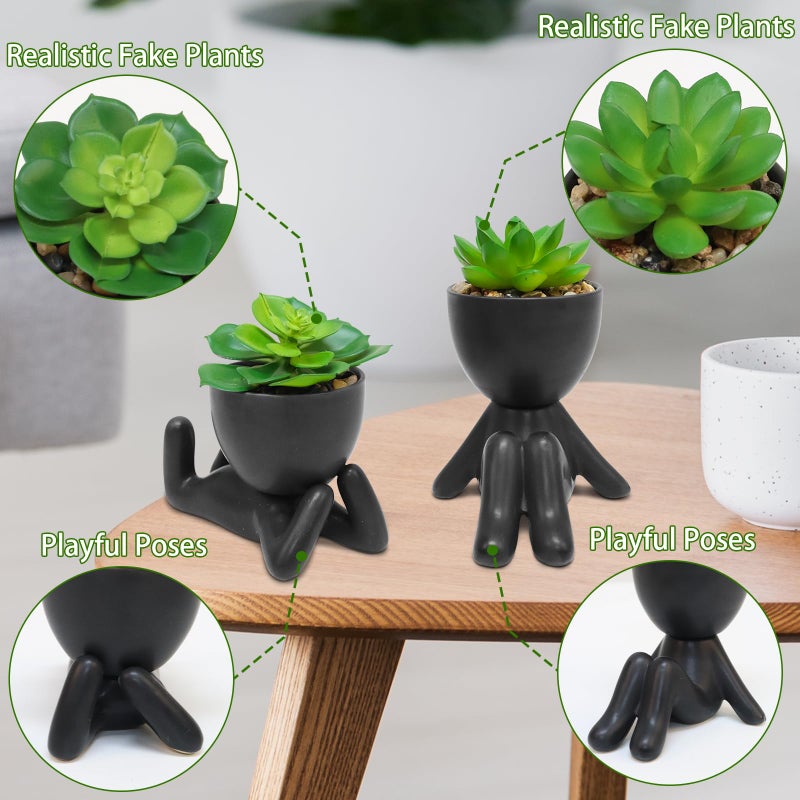 Zerzsy 2PCS Cute Artificial Succulent Plants with Creative Human Shaped Pots  Desk Decoration Mini Potted Planter Succulent Decor for Desktop Office Bedroom Table Decor (Matte Black) - Image 5