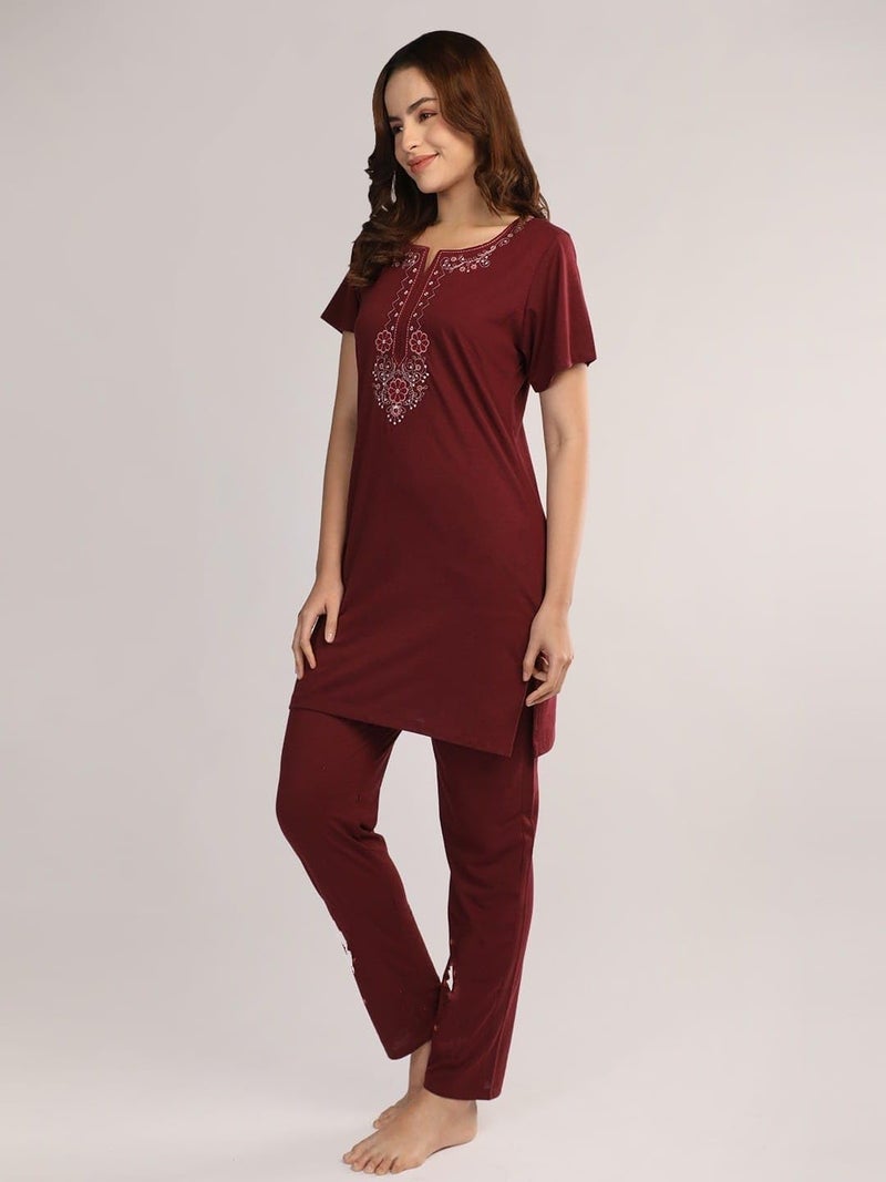 Duchess Women's Cotton Printed Round Neck Short Sleeve Long Length Night Suit Set | Pajama Set | Night Dress for Women - Image 4