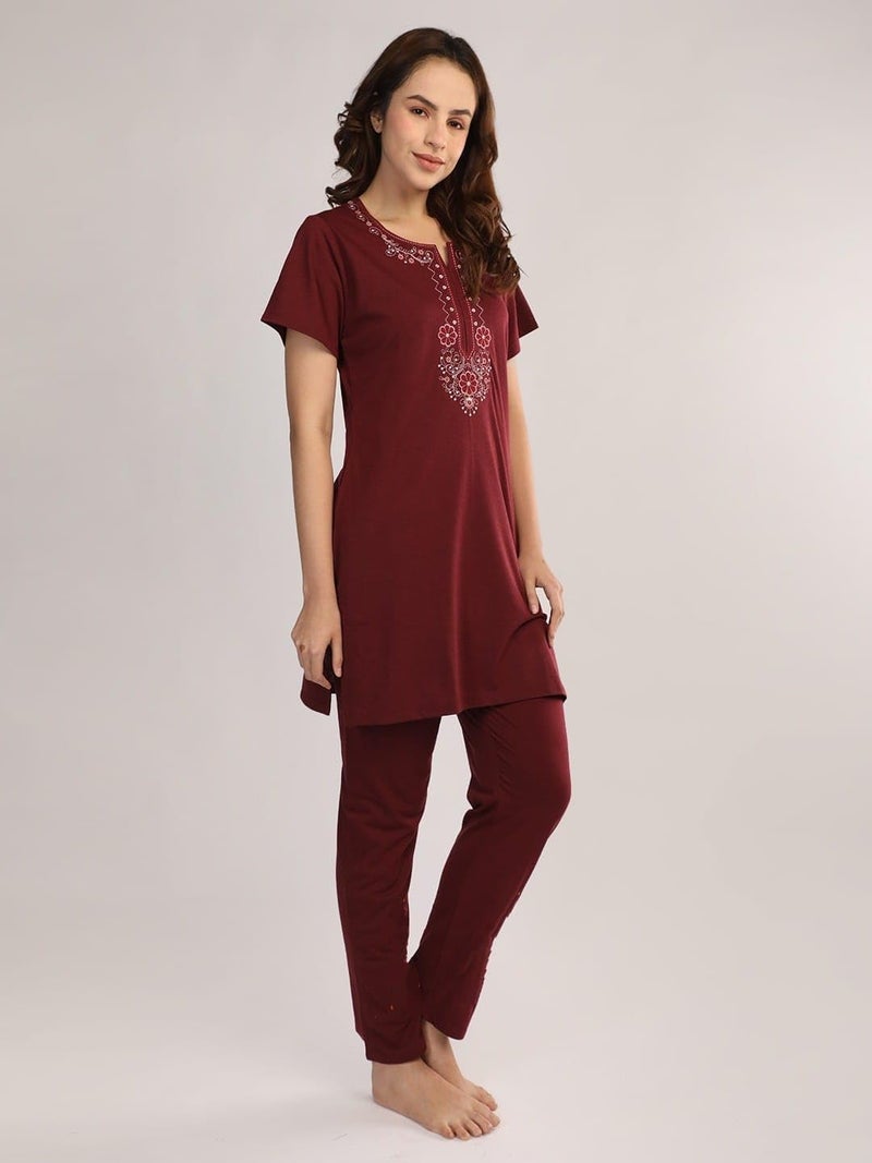 Duchess Women's Cotton Printed Round Neck Short Sleeve Long Length Night Suit Set | Pajama Set | Night Dress for Women - Image 5