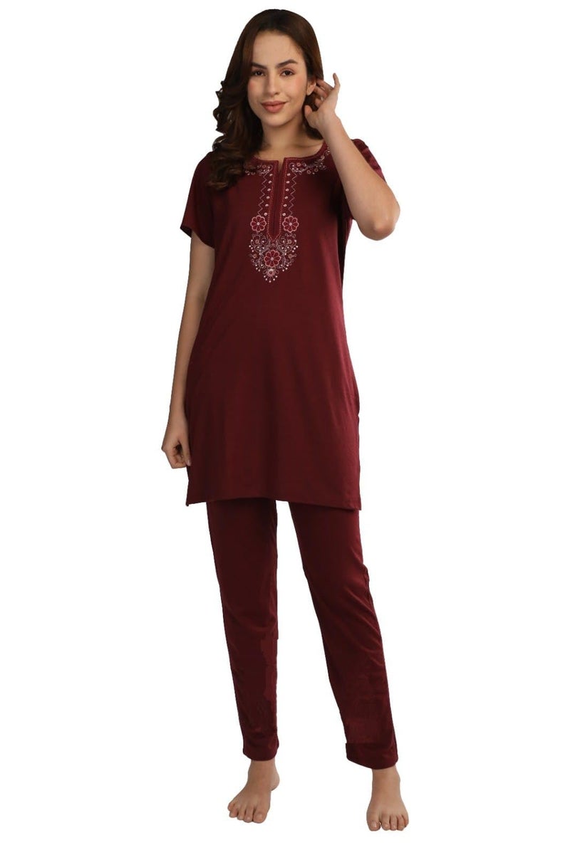 Duchess Women's Cotton Printed Round Neck Short Sleeve Long Length Night Suit Set | Pajama Set | Night Dress for Women - Image 1