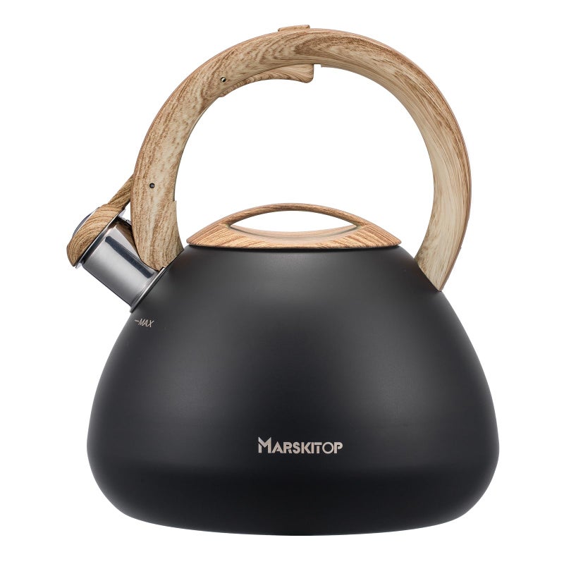 MARSKITOP Tea Kettle for Stove Top Whistling Kettle Teapot for Stovetop Food Grade Stainess Steel Teakettle with Cool Touch Ergonomic Handle 26 Quart Black