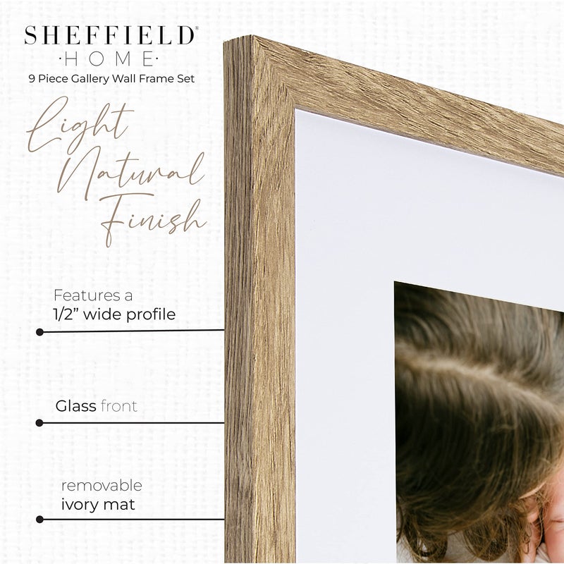 Sheffield Home 9 Piece Gallery Wall Frame Set, 12x12 in. Matted to 8x8 in. (Light Natural) - Image 4