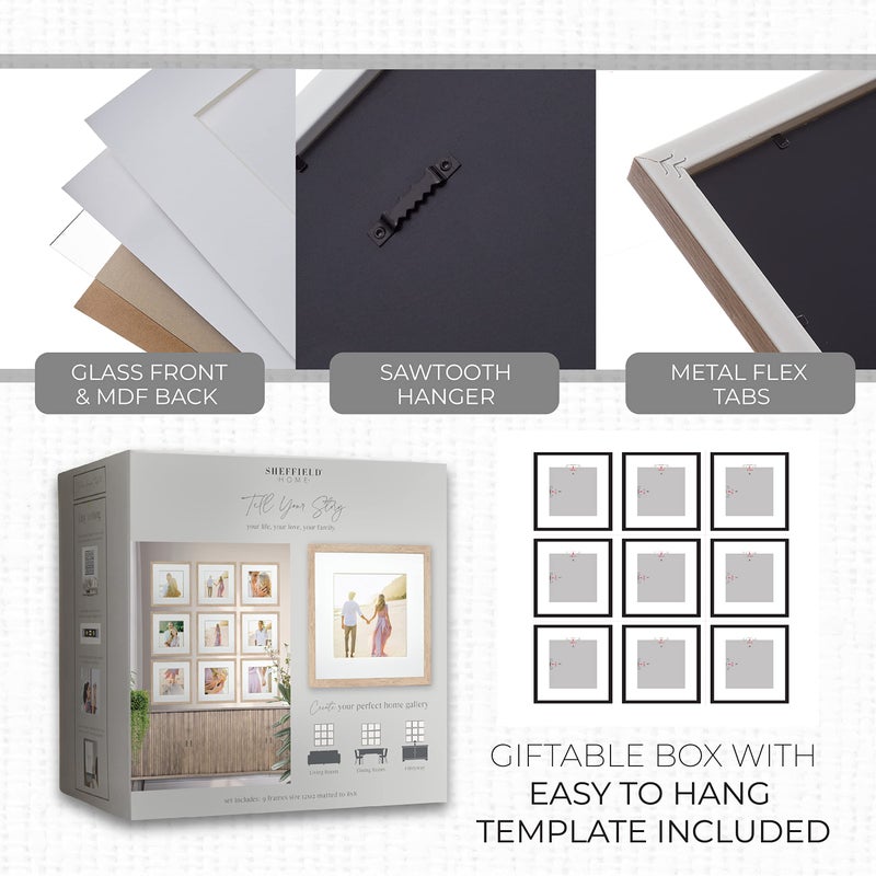 Sheffield Home 9 Piece Gallery Wall Frame Set, 12x12 in. Matted to 8x8 in. (Light Natural) - Image 5