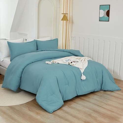 Litanika Grayish Teal Comforter King Size, 3 Pieces Lightweight Solid Bedding Set, All Season Fluffy Bed Set (104x90In Comforter & 2 Pillowcases) - Image 5