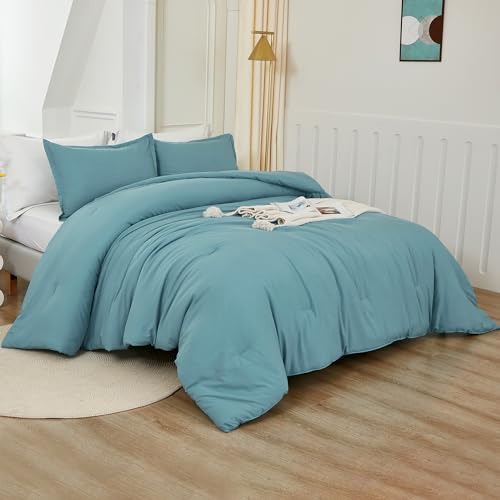 Litanika Grayish Teal Comforter King Size, 3 Pieces Lightweight Solid Bedding Set, All Season Fluffy Bed Set (104x90In Comforter & 2 Pillowcases) - Image 2