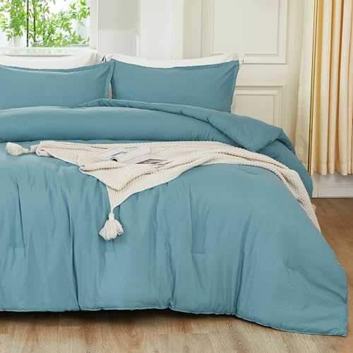 Litanika Grayish Teal Comforter King Size, 3 Pieces Lightweight Solid Bedding Set, All Season Fluffy Bed Set (104x90In Comforter & 2 Pillowcases) - Image 3