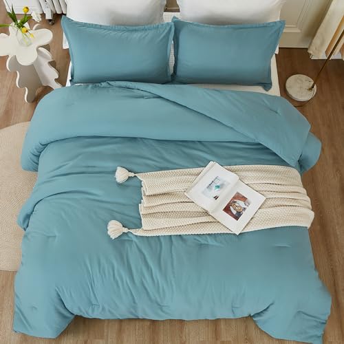Litanika Grayish Teal Comforter King Size, 3 Pieces Lightweight Solid Bedding Set, All Season Fluffy Bed Set (104x90In Comforter & 2 Pillowcases) - Image 4