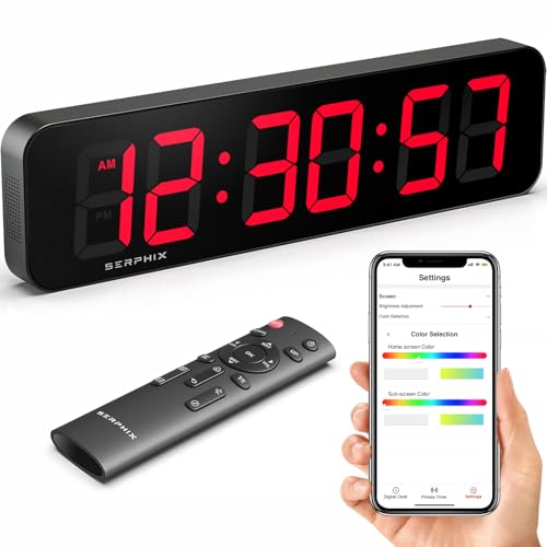 SERPHIX 152 Large Digital Wall Clock with Seconds App Remote Control Customizable RGB Colors Alarms Stopwatch Countdown Timer Clock for Home Gym Living Room Office Garage Decor