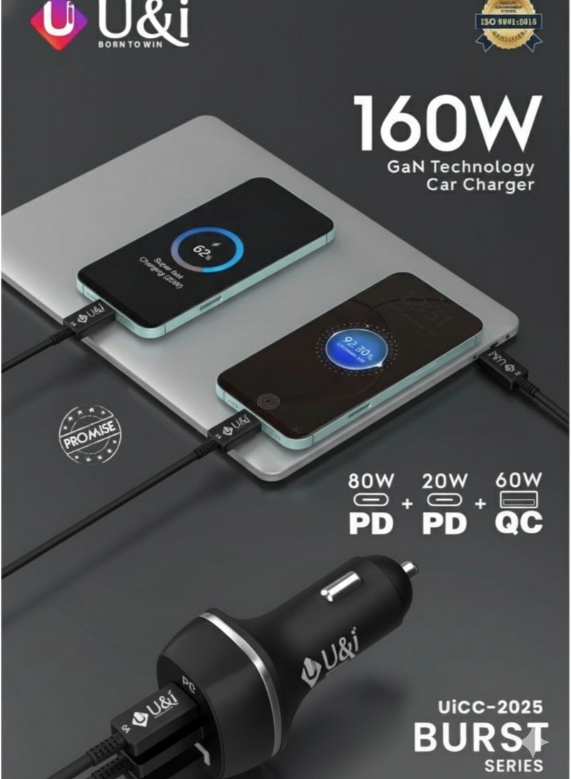 يو اند اي شاحن سيارة يو آند آي (U&i UiCC-2025) بتقنية GaN بقوة 160 واط - شاحن سريع 3 منافذ USB-C PD 3.0 و QC 3.0 (80W+20W PD + 60W QC) مع شريحة ذكية - للابتوب ماك بوك، آيفون، سامسونج و الأجهزة اللوحية - سلسلة BURST - Image 3