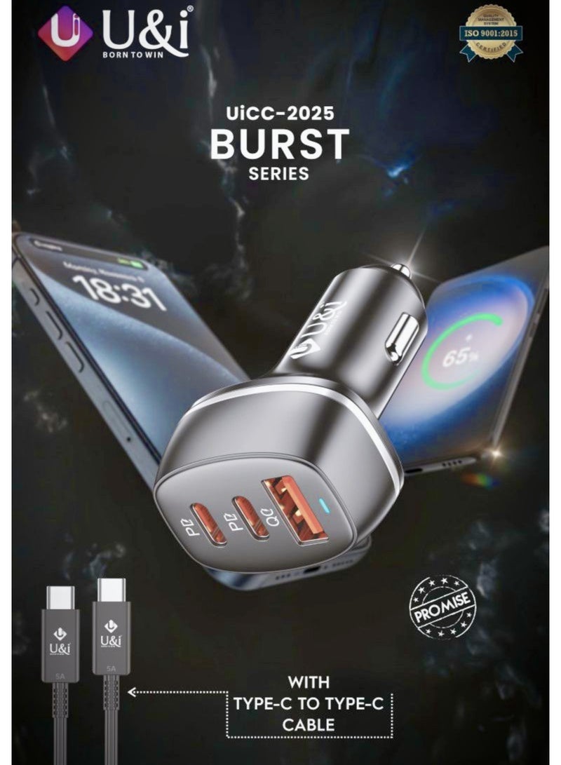 يو اند اي شاحن سيارة يو آند آي (U&i UiCC-2025) بتقنية GaN بقوة 160 واط - شاحن سريع 3 منافذ USB-C PD 3.0 و QC 3.0 (80W+20W PD + 60W QC) مع شريحة ذكية - للابتوب ماك بوك، آيفون، سامسونج و الأجهزة اللوحية - سلسلة BURST - Image 2