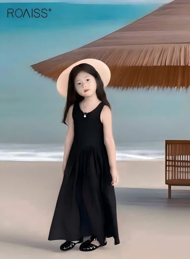 رويس فستان أنيق بحمالات سباغيتي للبنات، فستان طويل بدون أكمام، فستان كاجوال بحمالات سباغيتي للبنات الصغيرات، مناسب للارتداء اليومي أو في أي مناسبة - Image 1