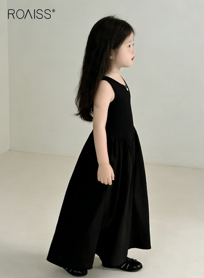 رويس فستان ماكسي سادة للفتيات، فستان طويل بدون أكمام وبدون ظهر مع حمالات رفيعة، فستان أنيق على الطراز القديم للفتيات الصغيرات، مناسب للارتداء اليومي أو العروض أو أي مناسبة - Image 2