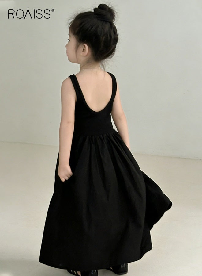 رويس فستان ماكسي سادة للفتيات، فستان طويل بدون أكمام وبدون ظهر مع حمالات رفيعة، فستان أنيق على الطراز القديم للفتيات الصغيرات، مناسب للارتداء اليومي أو العروض أو أي مناسبة - Image 3