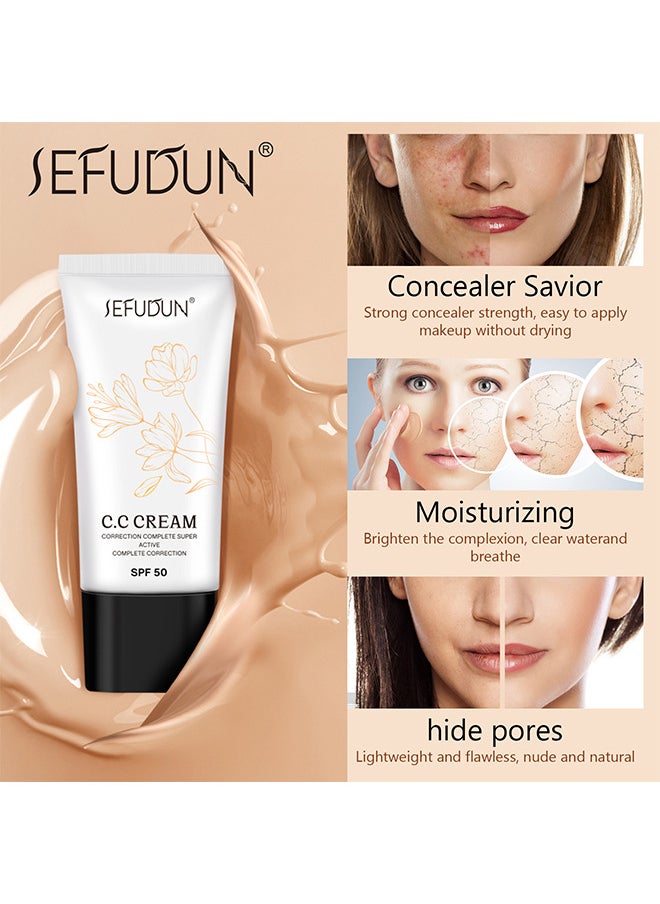 Sefudun - CC Cream With SPF 50, CC Cream Self Adjusting For Mature Skin, Colour Correcting Face Sunscreen And Foundation, Pre-Makeup Primer Moisturizing Skin Concealer 30ML - Image 1