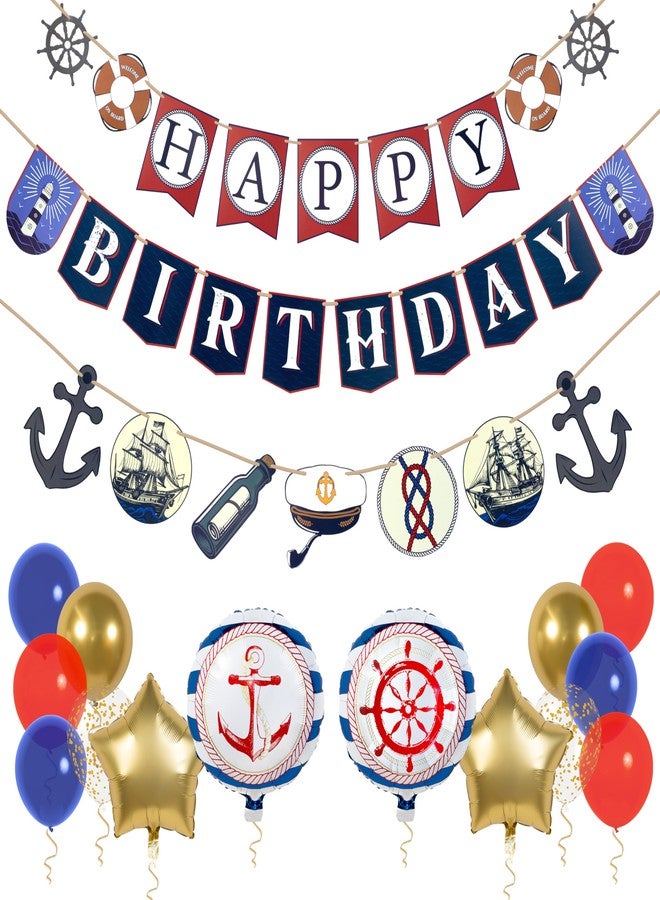 Pirese Nautical Birthday Banner, Nautical Birthday Decorations, Boat Party Decorations, Ocean Birthday Decorations | Cruise Birthday Decorations | Sailor Party Decorations | Cruise Party Decorations - Image 1