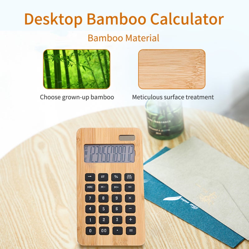 12-Digit Basic Calculator - Sensitive Rubber Keys Dual Power Supply Bamboo Shell Electronic Calculator for Office Home School - Image 4
