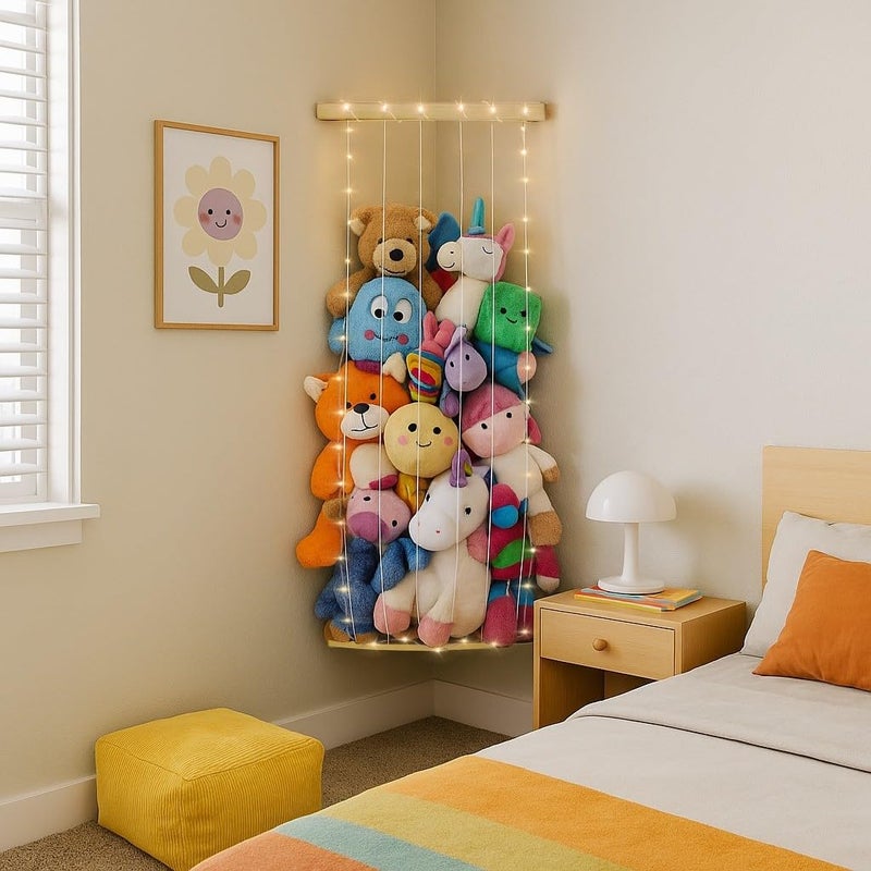 PUTSKA Nursery Furniture Hanging Organizer â€“ Wall Mounted Stuffed Animal Storage for Baby Room, Corner Plush Collection Display & Nursery Organization System, Space-Saving Vertical Storage - Plain - Image 1